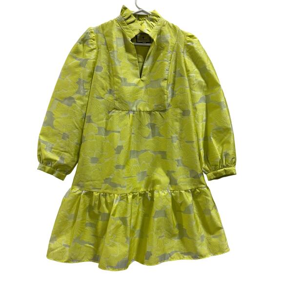 Tuckernuck Jacquard Floral Mini Dress XS Chartreuse Yellow Puff Sleeve Mock Neck - Picture 2 of 9
